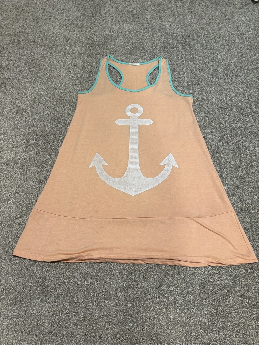 Girls Peach Anchor Tank Dress with Teal Trim